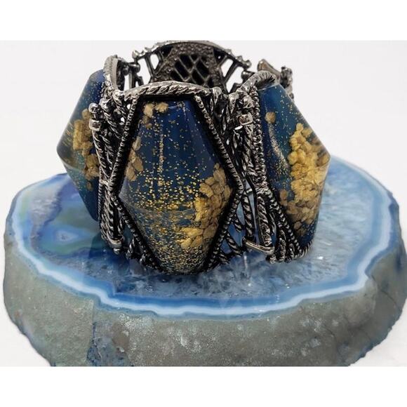 Vintage Lucite Teal & Gold Confetti Resin w/ Gold Flakes on Wide Silver Bracelet - Picture 6 of 6